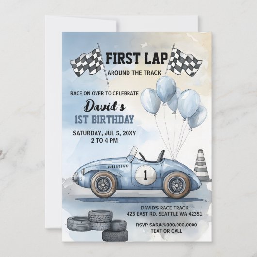 Eerste ronde rond de blauwe raceauto van de baan V Kaart (Voorkant)