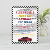Eerste rondje om de Track Boys 1st Birthday Party Kaart (Staand voorkant)