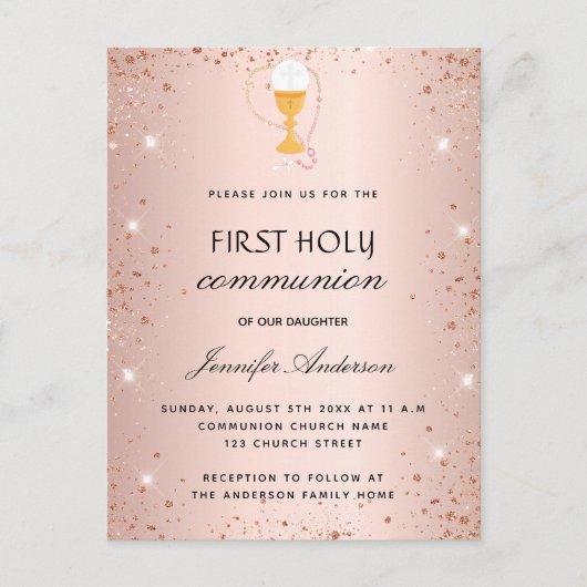 Eerste roos goudglitter-chalice host uitnodiging briefkaart (Voorkant)