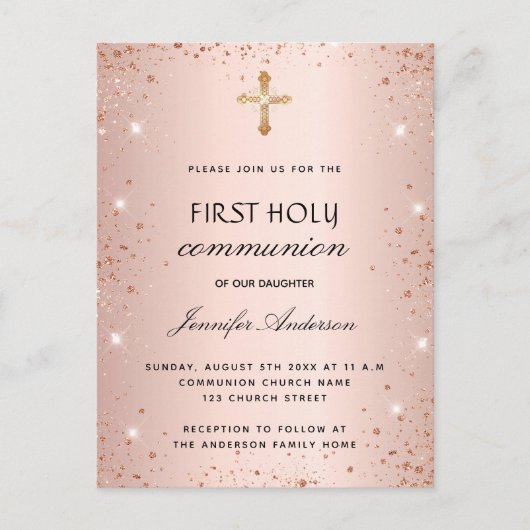 Eerste roos goudglitter meisje uitnodiging briefkaart (Voorkant)