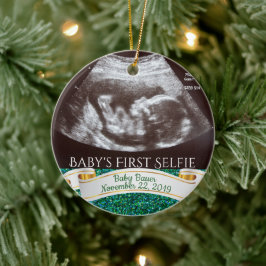 Eerste Selfie voor baby (groene achtergrond) Keramisch Ornament