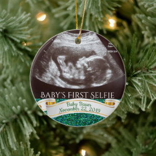 Eerste Selfie voor baby (groene achtergrond) Keramisch Ornament