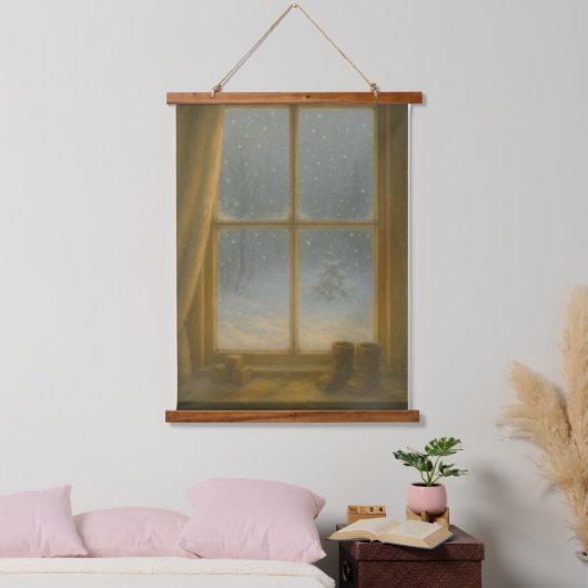Eerste Sneeuw – Magie Achter het Glas Hangend Wandkleed (Slaapkamer)