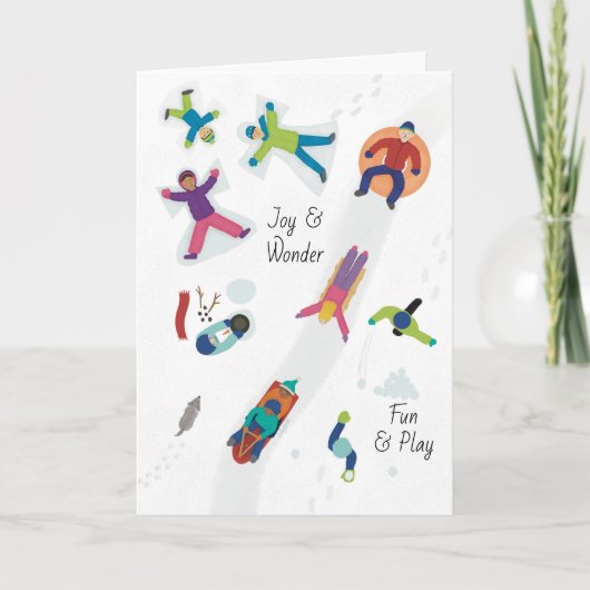 Eerste sneeuw winter kinderen spelen sneeuw engele feestdagen kaart (Voorkant)