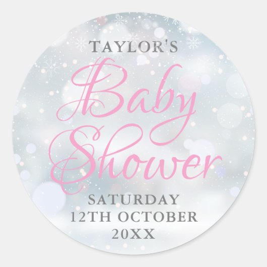 Eerste sneeuwvlokken baby shower ronde sticker (Voorkant)