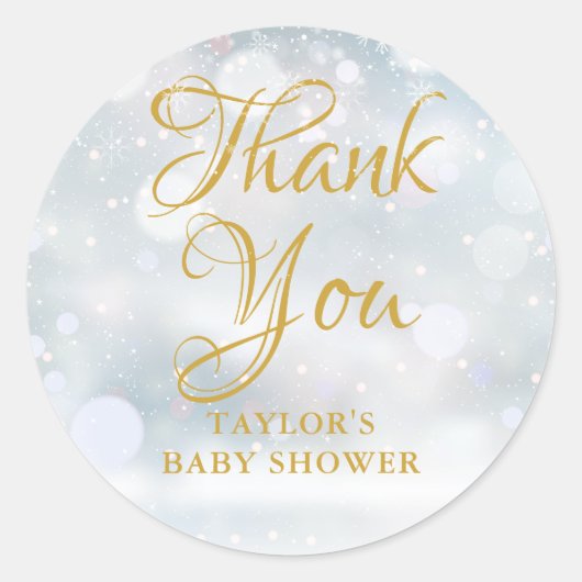 Eerste sneeuwvlokken babyshower bedankt ronde sticker (Voorkant)