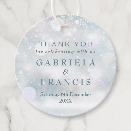 Eerste sneeuwvlokken winter bruiloft dank u bedankjes labels (Voorkant)