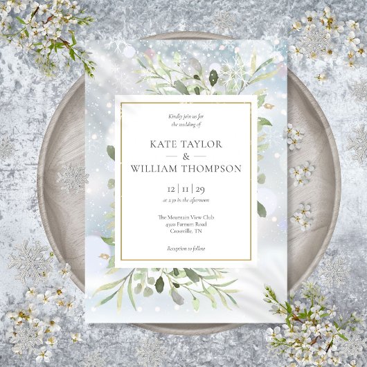 Eerste Snowflakes Greenery Winter Wedding Invitati Kaart