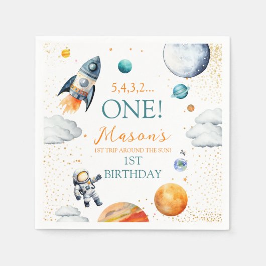 Eerste Space Adventure Boy Verjaardag servetten (Voorkant)
