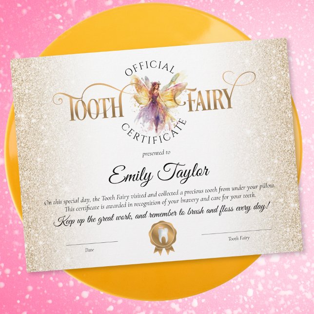 Eerste tandenborstel certificaat (gold glitter tooth fairy certificate)