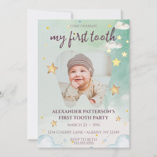 Eerste Tandfeest Schattigee Waterverf Sterren Baby Kaart (Voorkant)