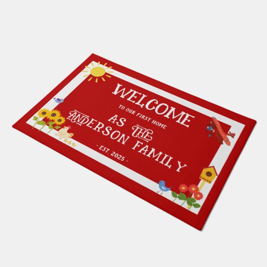 Eerste Thuis Welkom Landelijk Kip Rood Wit Deurmat (Schuin)