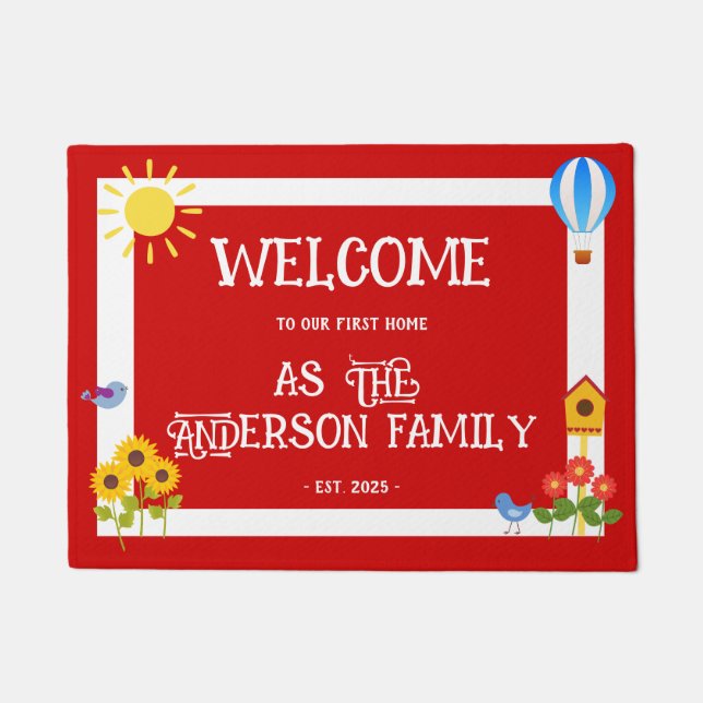 Eerste Thuis Welkom Typografie Zonnebloem Rood Wit Deurmat (Voorkant)