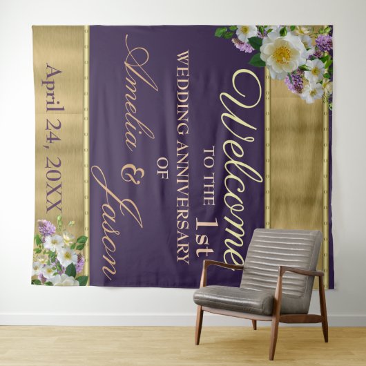 Eerste trouwdag welkom in goud geel wandkleed (In Situ (horizontaal))