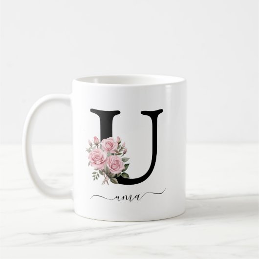Eerste U Monogram Bloem Roze Rozen Mok (Links)