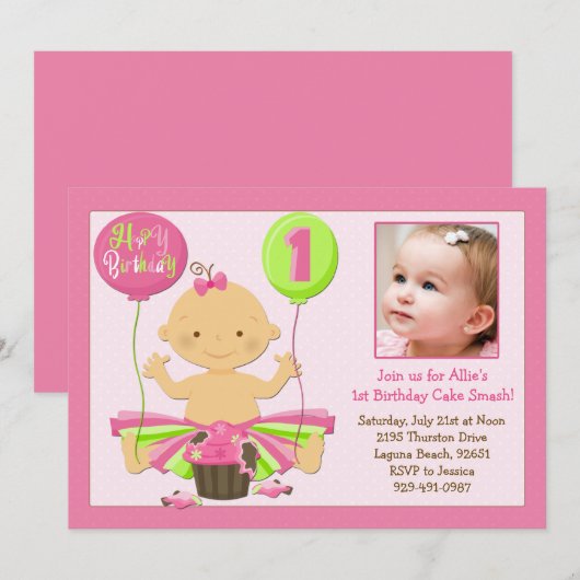Eerste uitnodiging van Birthday Cake Smash Party (Voorkant / Achterkant)
