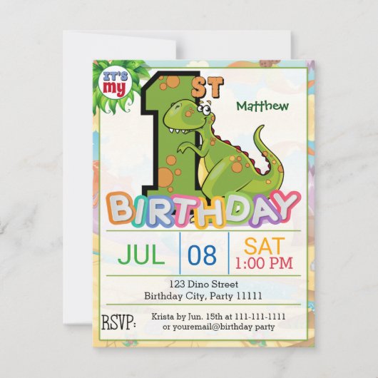 Eerste uitnodiging van Birthday Party Dinosaur (Voorkant)