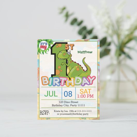 Eerste uitnodiging van Birthday Party Dinosaur (Staand voorkant)