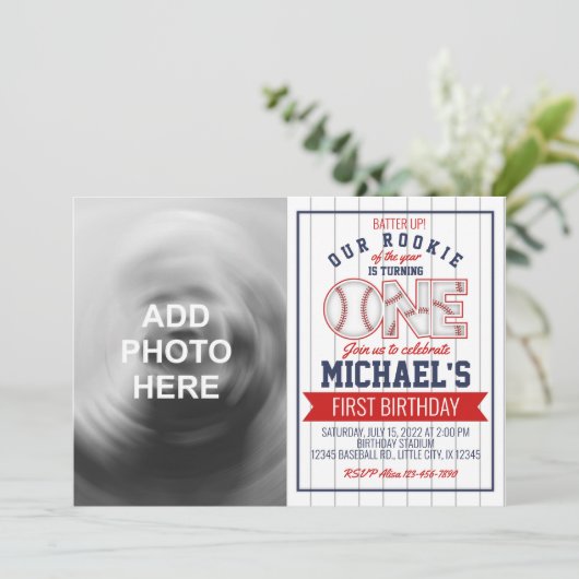 Eerste uitnodiging van de Baseball Birthday met fo (Staand voorkant)