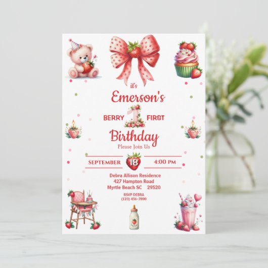 Eerste uitnodiging van de Berry Birthday Strawberr (Staand voorkant)