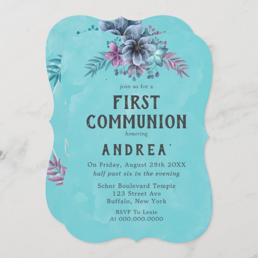 Eerste uitnodiging van de Paarse en Blauwgroen Flo (Voorkant / Achterkant)