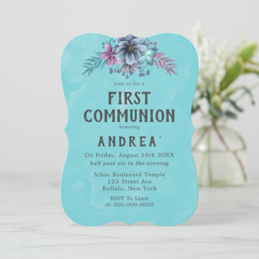 Eerste uitnodiging van de Paarse en Blauwgroen Flo (Staand voorkant)