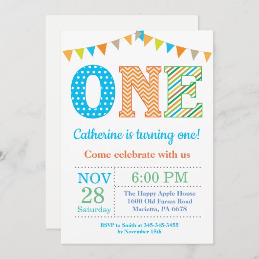 Eerste uitnodiging van de verjaardag. Boy First Bi (Voorkant / Achterkant)