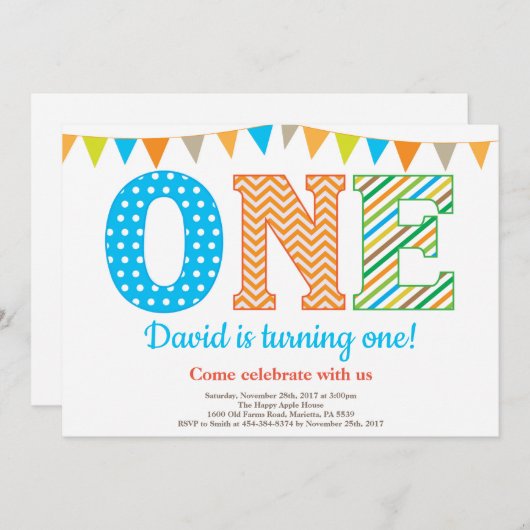 Eerste uitnodiging van de verjaardag. Boy First Bi (Voorkant / Achterkant)