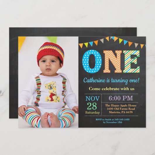 Eerste uitnodiging van de verjaardag. Boy First Bi (Voorkant / Achterkant)