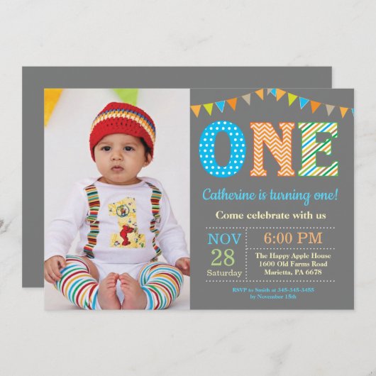 Eerste uitnodiging van de verjaardag. Boy First Bi (Voorkant / Achterkant)