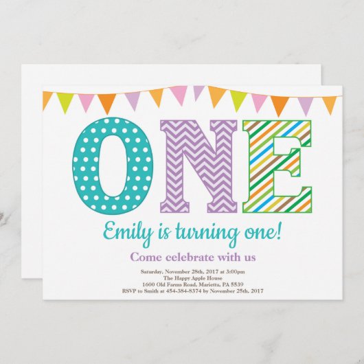 Eerste uitnodiging van de verjaardag. Girl First B (Voorkant / Achterkant)