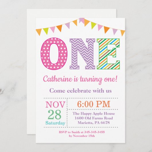 Eerste uitnodiging van de verjaardag. Girl First B (Voorkant / Achterkant)