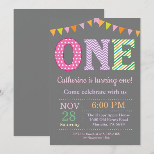 Eerste uitnodiging van de verjaardag. Girl First B (Voorkant / Achterkant)