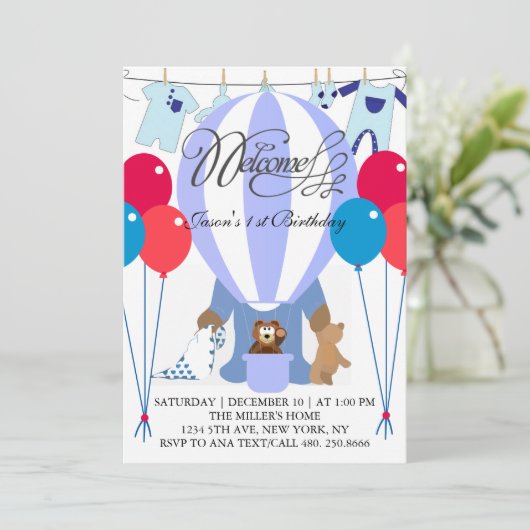 Eerste uitnodiging van de wereld van blauwe ballon (Staand voorkant)