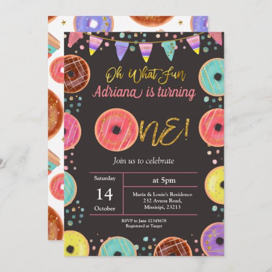 Eerste uitnodiging van Donut-thema op dag van gebo (Voorkant / Achterkant)