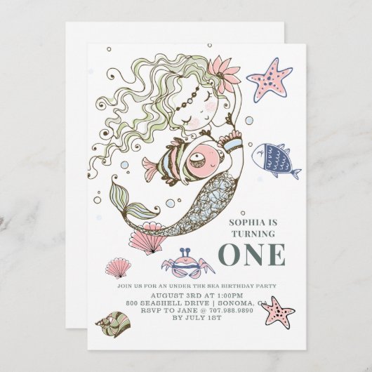 Eerste uitnodiging van Mermaid Birthday (Voorkant / Achterkant)