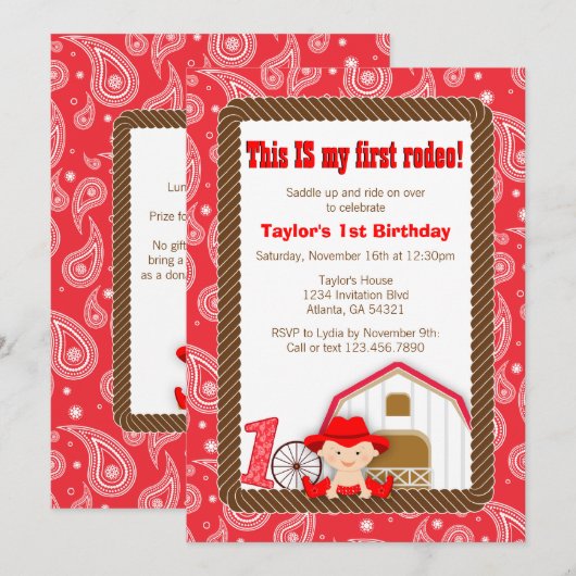 Eerste uitnodiging van Rodeo Birthday (Voorkant / Achterkant)
