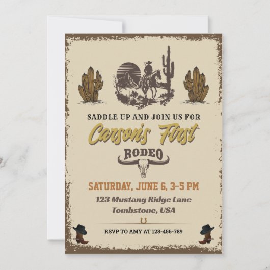 Eerste uitnodiging van Rodeo Cowboy Birthday (Voorkant)