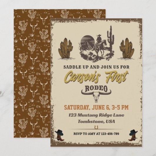 Eerste uitnodiging van Rodeo Cowboy Birthday (Voorkant / Achterkant)