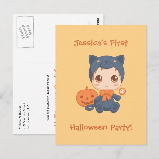 Eerste uitnodiging voor Black Cat Party van Hallow (Voorkant / Achterkant)