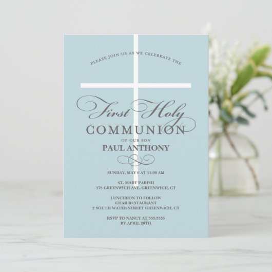 Eerste uitnodiging voor de Heilige Communie Blauw (Staand voorkant)