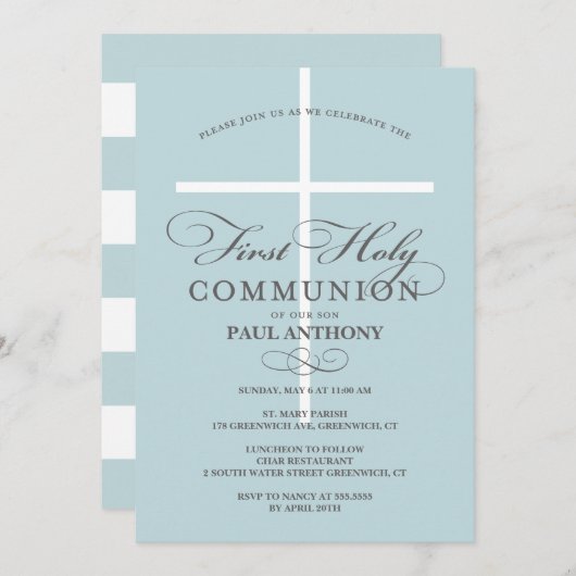 Eerste uitnodiging voor de Heilige Communie Blauw (Voorkant / Achterkant)