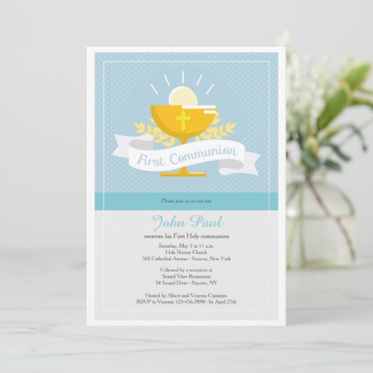 Eerste uitnodiging voor een blauw pokadot (Staand voorkant)