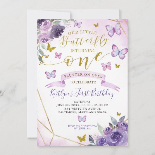 Eerste uitnodiging voor Paarse en goudvlinder (Voorkant)