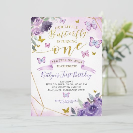 Eerste uitnodiging voor Paarse en goudvlinder (Staand voorkant)