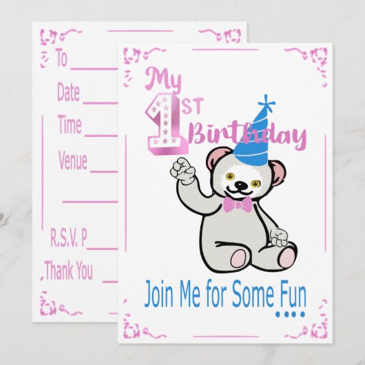 Eerste uitnodiging voor roze Birthday (Voorkant / Achterkant)