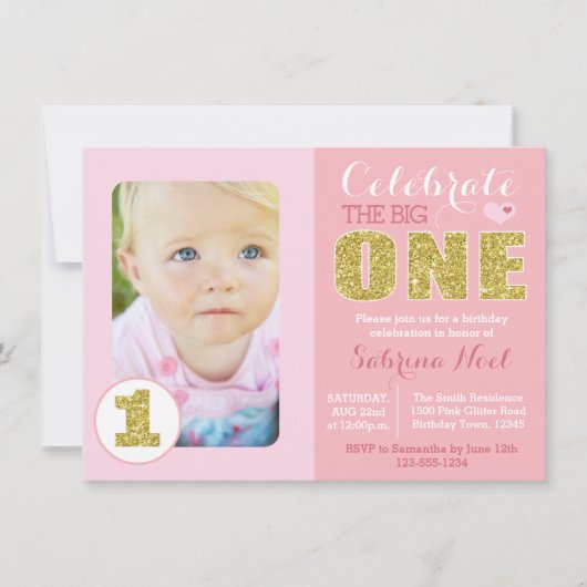 Eerste uitnodiging voor roze en gouden feestdag (Voorkant)