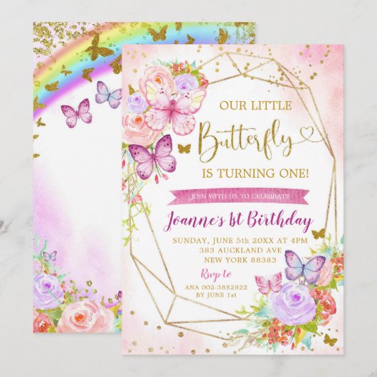 Eerste uitnodiging voor roze en Paarse vlinder (Voorkant / Achterkant)