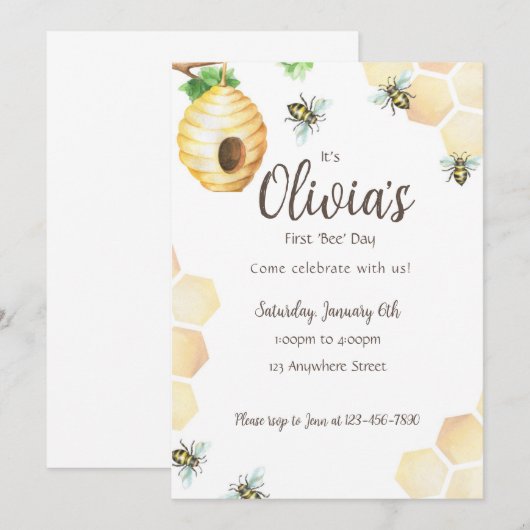 Eerste uitnodiging voor verjaardagsfeestje op 'Bee (Voorkant / Achterkant)