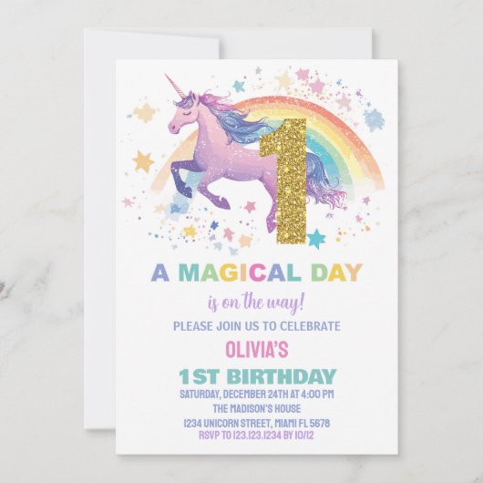 Eerste Unicorn Birthday-uitnodigingen Kaart (Voorkant)